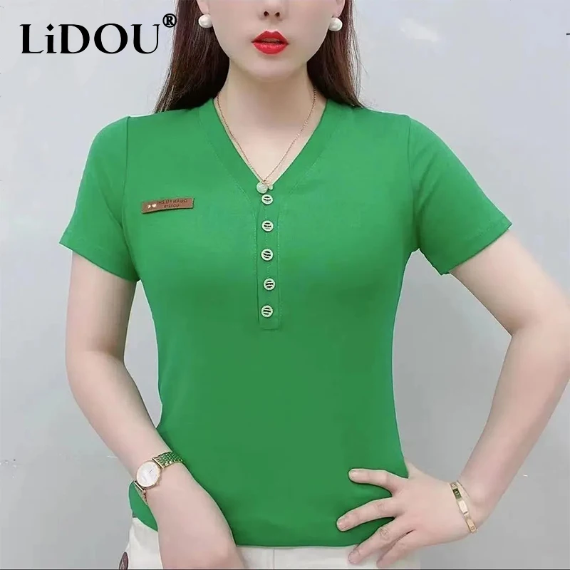 

summer new casual fashion v-neck tee ladies short sleeve v-neck all-match pullover tops women oversized slim solid color t-shirt