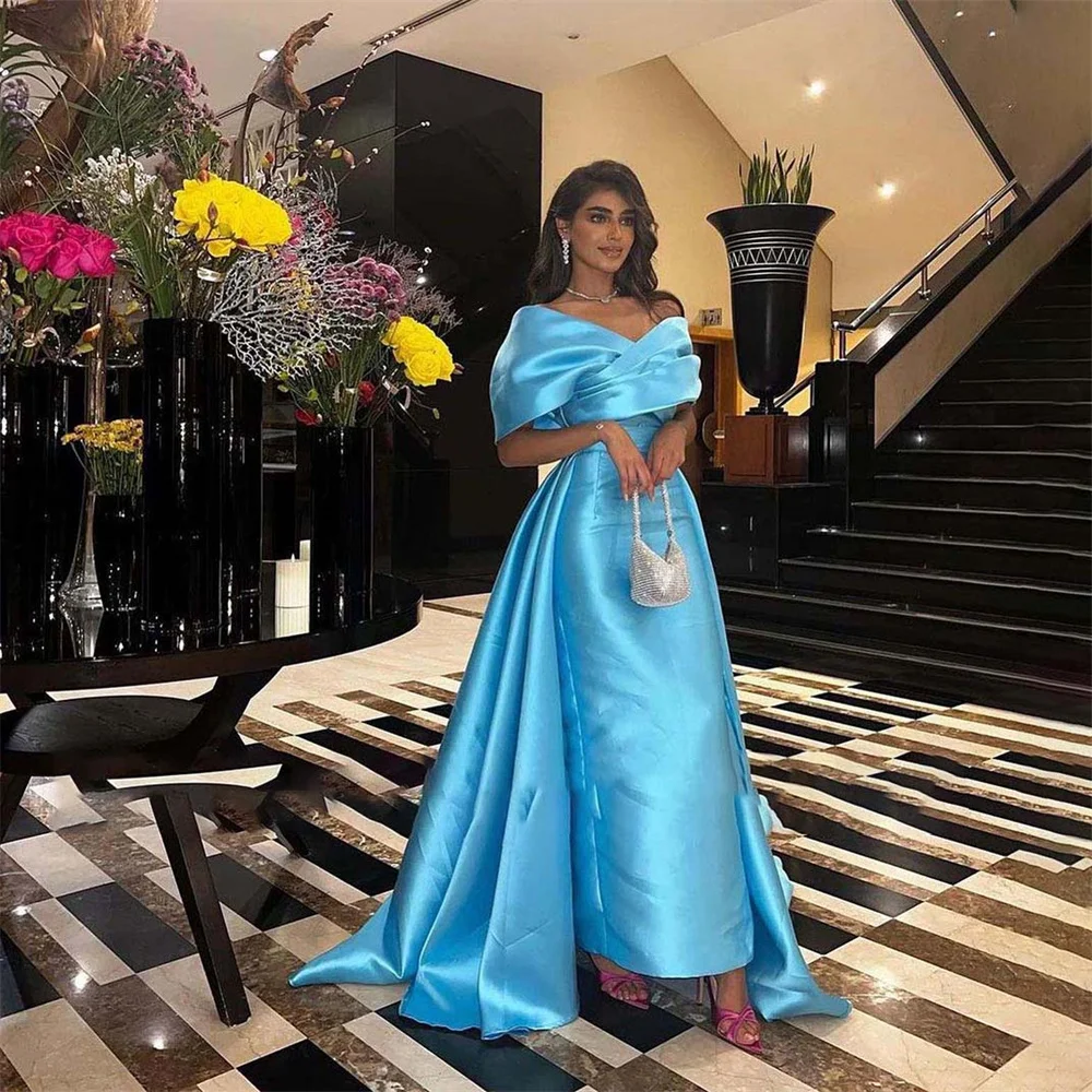 

Lily Light Blue Satin Off Shoulder Evening Dresses Pleats V Neck Floor Length Dubai Banquet Gowns Formal Saudi Arabic Prom Gown