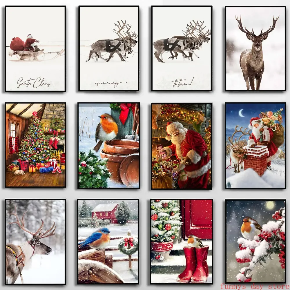 Multiple sizes 1pc frameless Canvas Painting,1pc frameless Canvas Painting Christmas Poster Santa Claus and Elk Deliver Gifts De