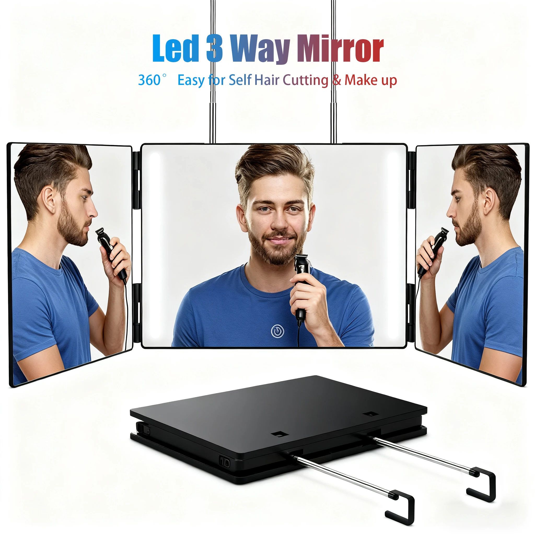 

Профессиональный набор трехсторонних зеркал для стрижки — перезаряжаемые светодиодные фонари, регулируемая по высоте, 360° ° Вращение прозрачного обзора заднего вида