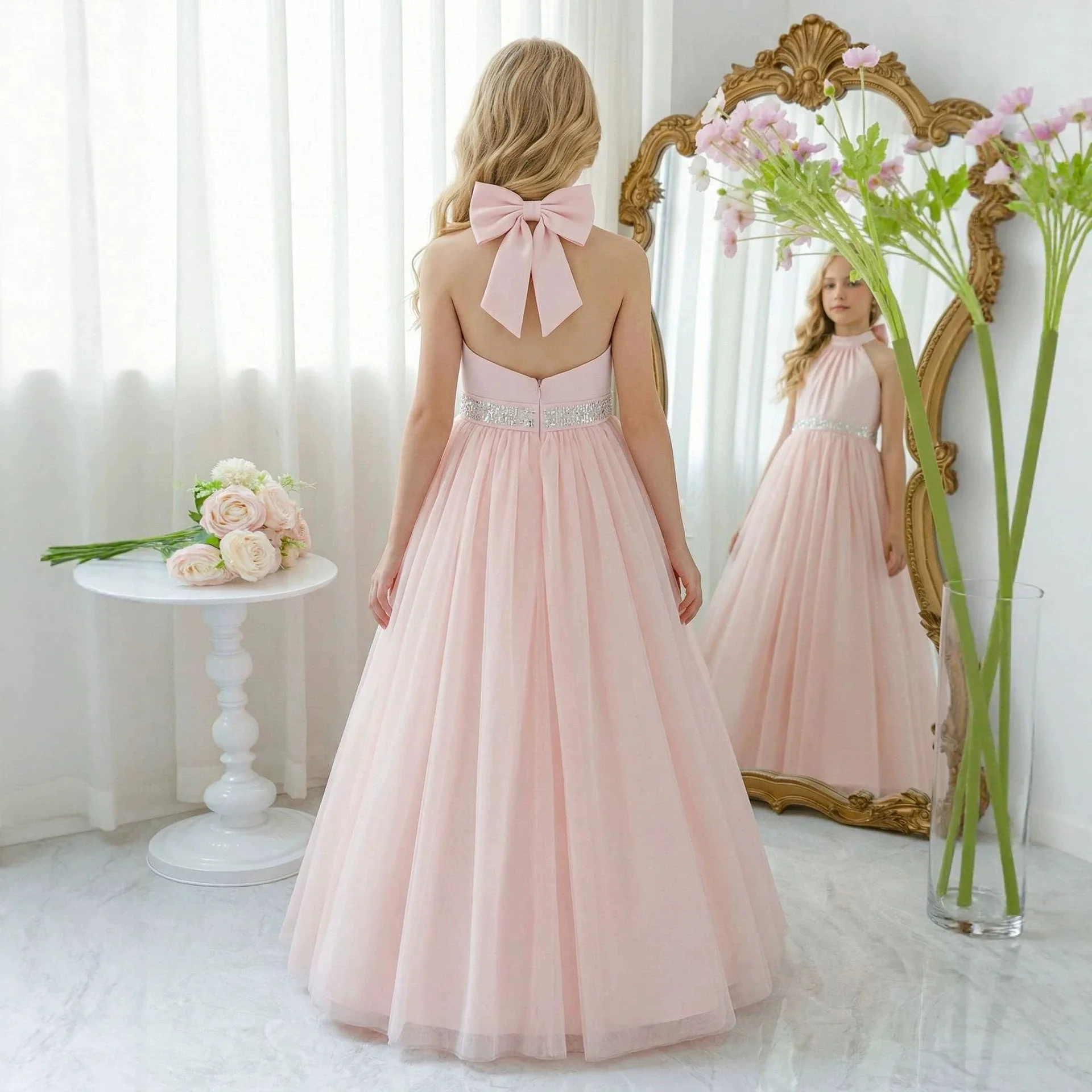 Pink bow bowtie girls' dress with rhinestone waistband, sheer princess gown, elegant long children's evening dress