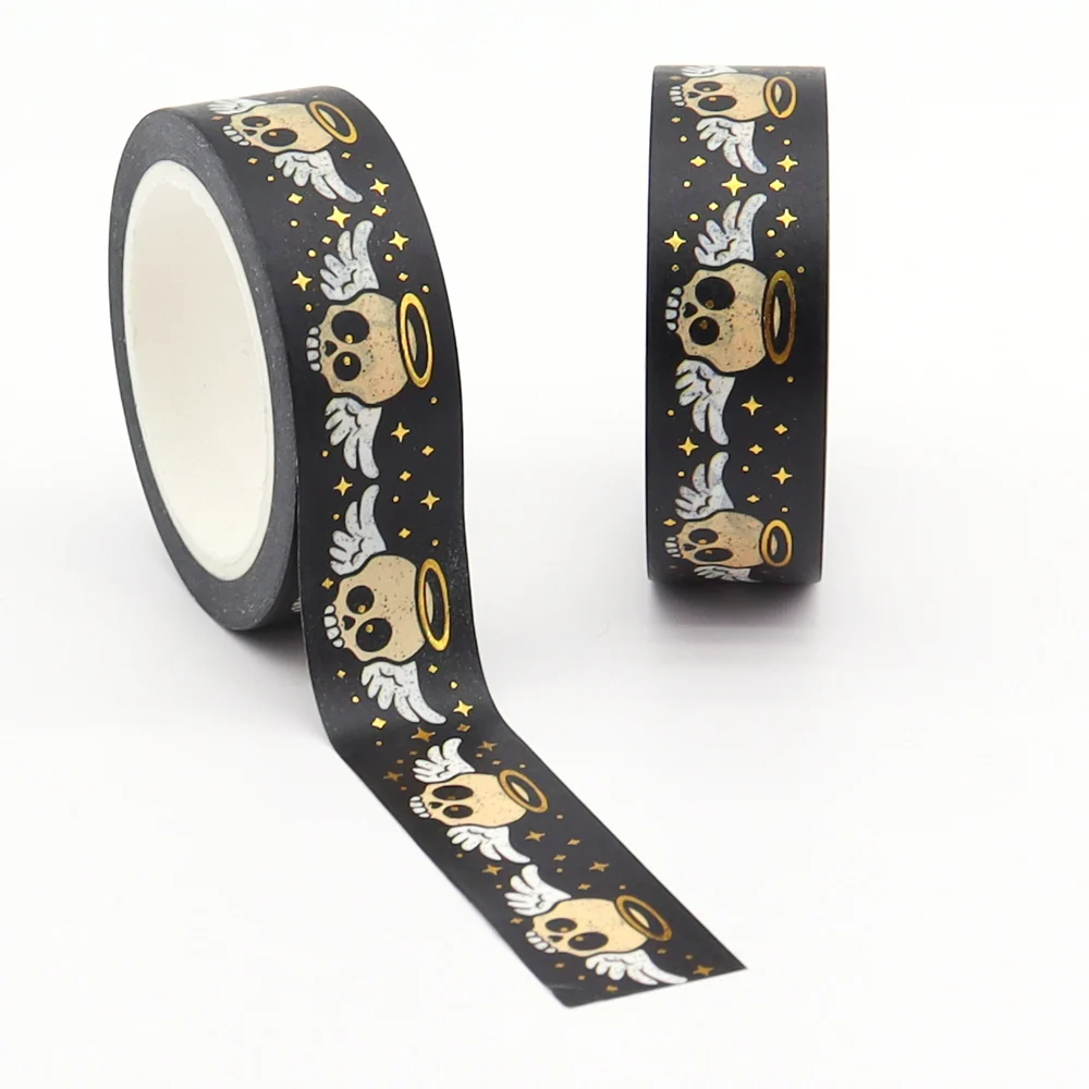 1PC 15mm*10m Gold Foil Halloween Skull Angel Wing Star Washi Tape Adhesive Cute Stationery Supplies Washi Stickers