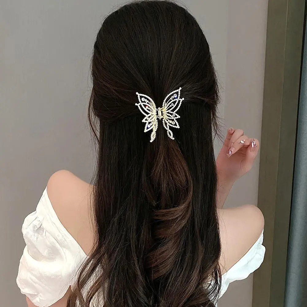 Garra para el cabello estilo mariposa para cabello fino y grueso, antideslizante, brillante, perlas de diamantes de imitación, decoración, accesorios para el cabello para mujer, L5Z0