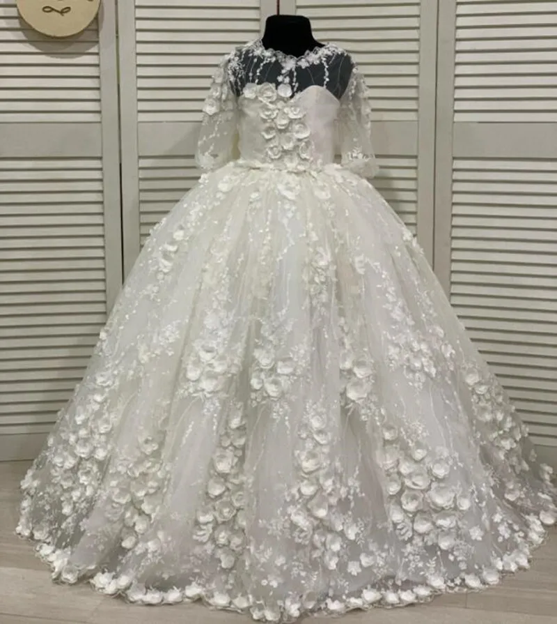 Vestido de baile de encaje de tul blanco, vestidos de niña de flores para boda, vestido de princesa de ilusión, vestido de fiesta de boda de primera comunión