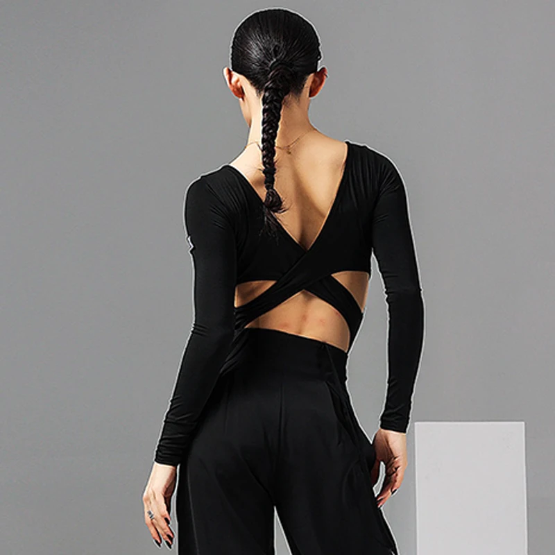 Adult Female Latin Dance Practice Wear Sexy Backless Black Long Sleeve Tops ChaCha Dancewear Rumba Samba Dancing Clothes YS4485