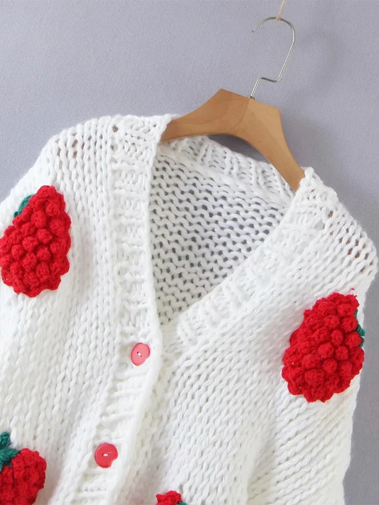 Strawberry Printed Crochet Cardigans Women Winter Korean Style Loose Knitting Sweater Female Fashion Casual V Neck Cardigan Tops