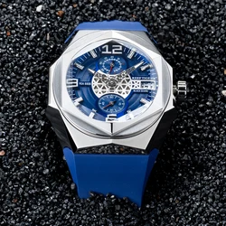 Reef Tiger Men Sports Watches Steel Blue Dial Automatic Mechanical Watches Calendar Blue Rubber Waterproof Watch Rejos RGA6906