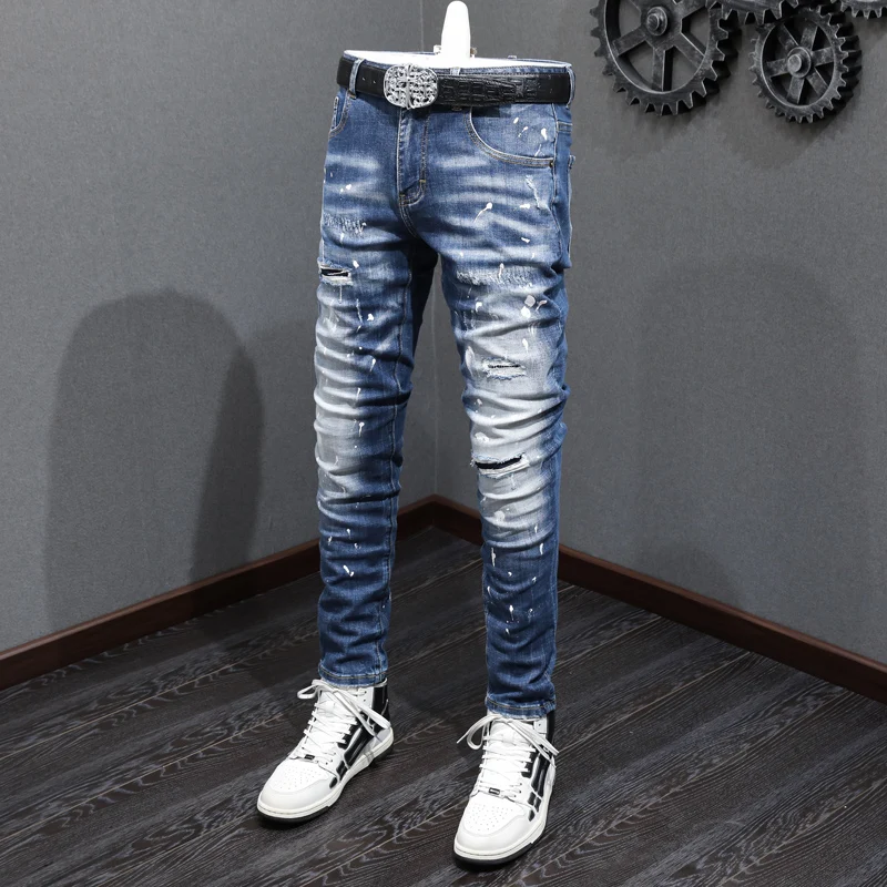 Fashion Trendy Vintage Men Jeans Retro Blue Elastic Stretch Skinny Painted Ripped Jeans Men Patched Designer Denim Pants hombre