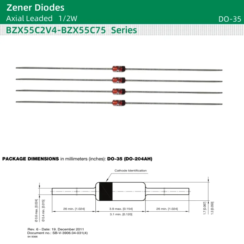 50 pçs/lote 1/2W Diodos Zener 0.5W BZX55C18/20V/22V/24V/27V/30V/33V/36V/39V/43V/47V/51V/56V/62V/68V/75V DO-35