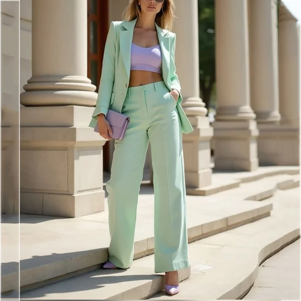 Classy Green Suit For Women Notch Lapel Single Breasted Fashion Outfit Solid Color Female Clothes Modern Style Pant Sets
