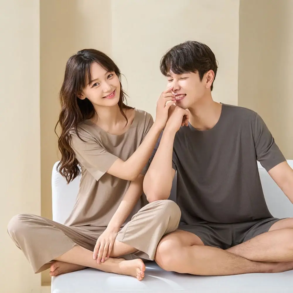 لينة سلس قصيرة الأكمام ملابس خاصة دعوى بسيطة فضفاضة الرجال الصيف منامة ملابس المنزل الحرير الجليد 2 قطعة ملابس نوم مجموعة الصيف