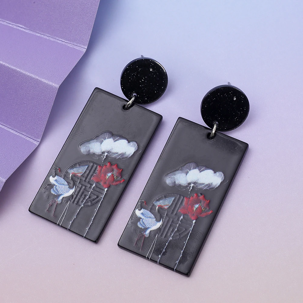 Fashion Black Rectangle Acrylic Dangle Earrings For Women Vintage White Crane And Red Flower 3D Printing Hot Selling Jewelry