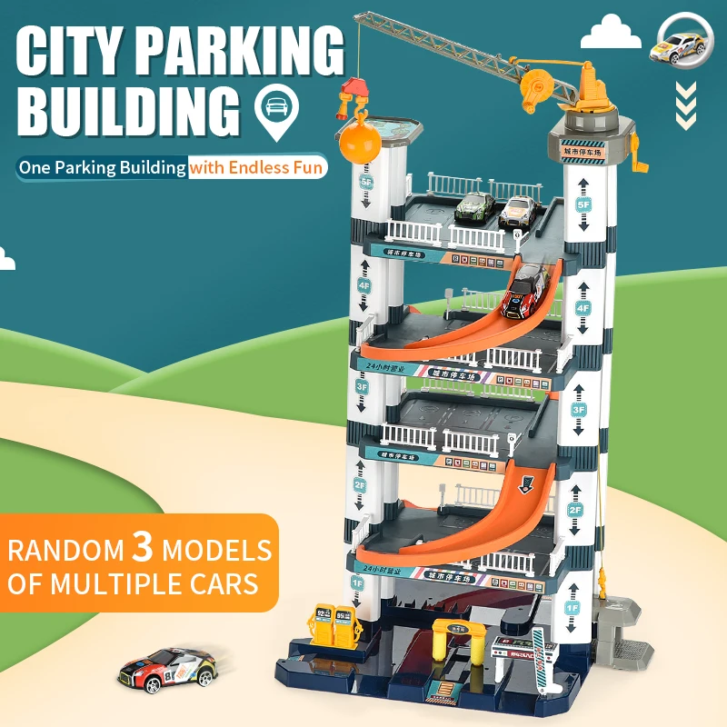 Construction de stationnement sur piste à manivelle, ascenseur manuel, jouet de Parking à cinq étages avec 3 Mini voiture coulissante, voiture sur Rail, jouet pour enfants, cadeau