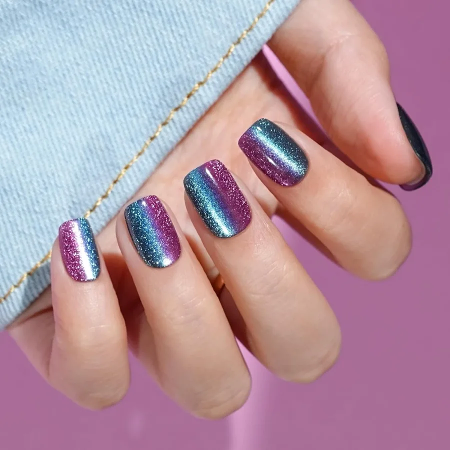 

Twocolor Ombre Cat Eye Press on Nails for Summer Многоразовый клей на акриловые накладные ногти с 32 шт. аметистом Aurora Design Pe