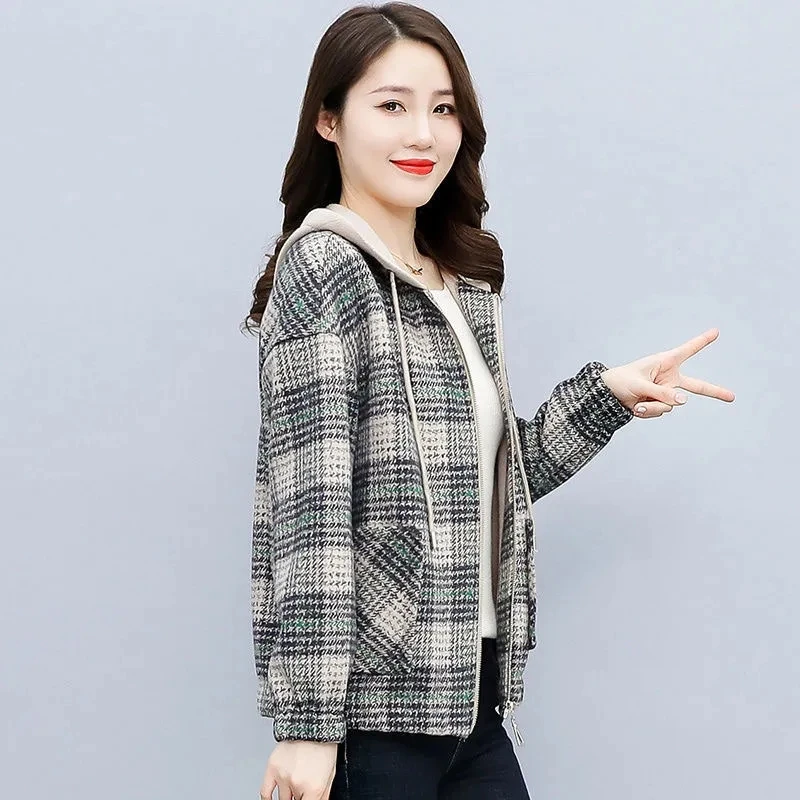 Moda versione coreana cappotto corto da donna primavera autunno 2022 nuovo stile cerniera per il tempo libero cappotto con cappuccio giacca da donna a reticolo sciolto