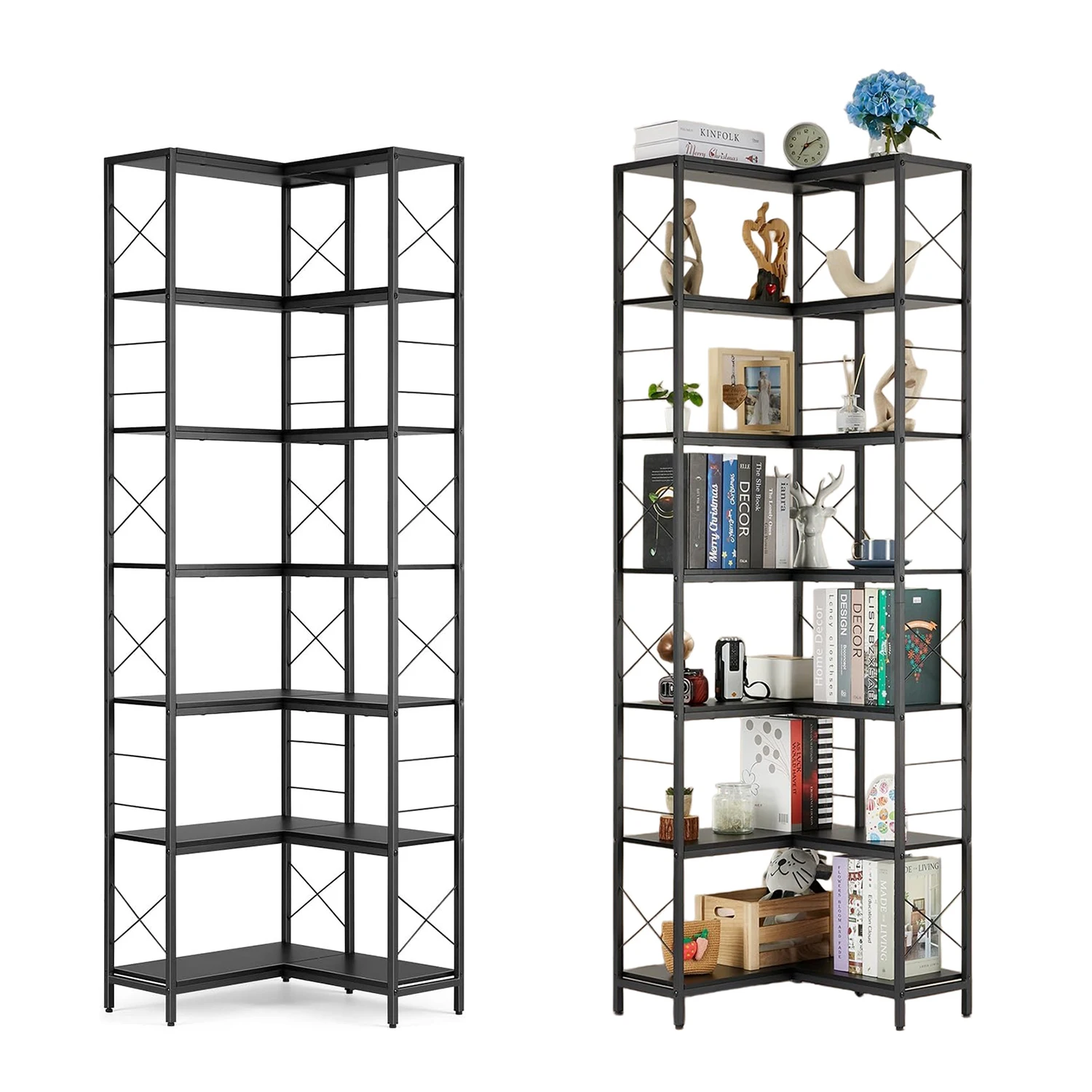 6-stöckiges L-förmiges Bücherregal, hohes, schmales Bücherregal, rustikales Eckregal, kleine Bücherregale für Schlafzimmer, Wohnzimmer, Home-Office