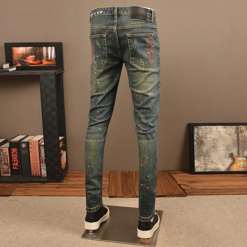 

High Street Fashion Мужские джинсы Ретро Стираные синие эластичные облегающие окрашенные рваные джинсы Мужские винтажные дизайнерские джинсовые брюки Y2K Homme