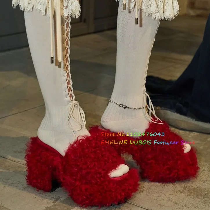 

Chunky Sole Shearling Mules Women Peep Toe Platform Thick Heel Solid Color Slip On Winter Outside Dress Slippers Pumps
