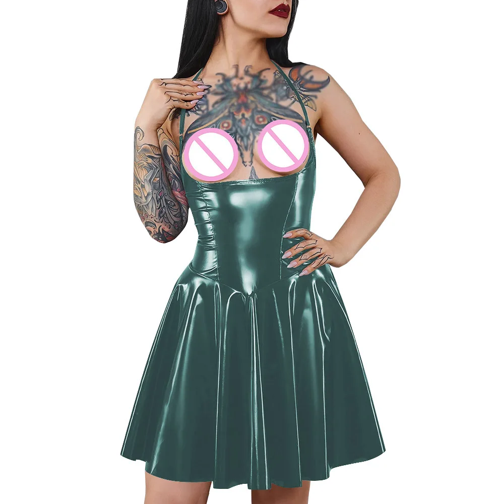 プラスサイズのセクシーなホルターストラップアンダーバストドレス光沢のあるノースリーブ A ライン PVC レザーミニドレスレディース絶賛パーティー背中の開いたドレス