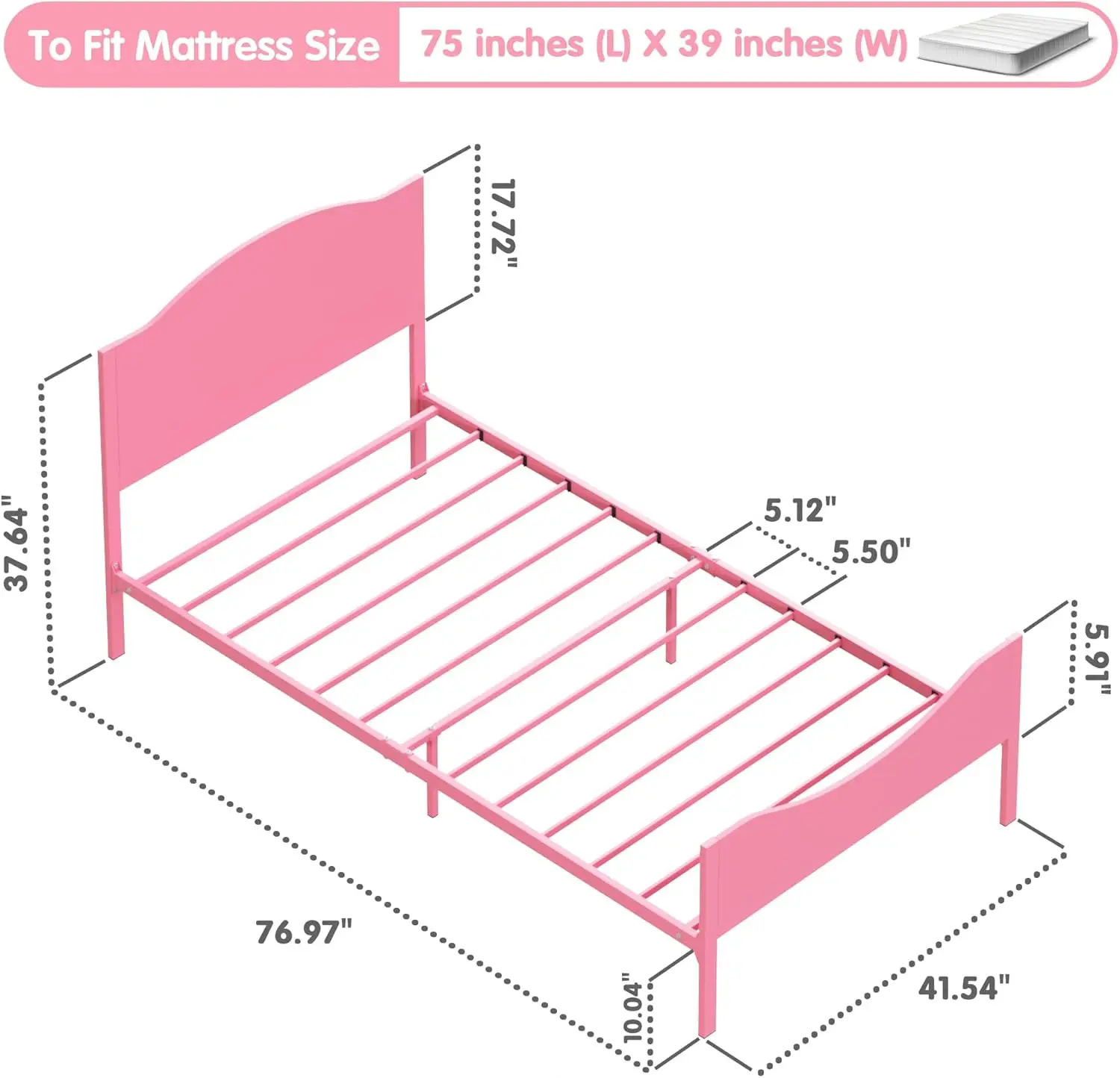 Timy Pink Kids Twin Bed Frame with Wooden Headboard and Footboard, Metal Platform Bed Frame for Boys Girls Teens Adults, Modern