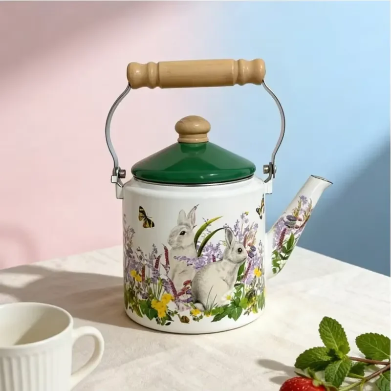 Vintage Colorful Enamel Kettle Wooden Handle Teapot for Boiling Water Cold Brew Home Kitchen Decor Durable Stovetop Safe