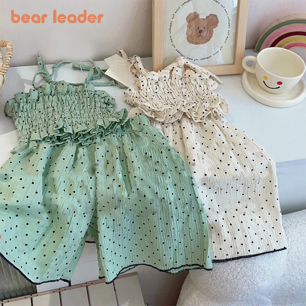 Bear Leader Children\'s Clothing Girls\' Fashion Set Summer New Wave Dot Pleated Suspender Tank Top+Wide Leg Pants Two Piece Set