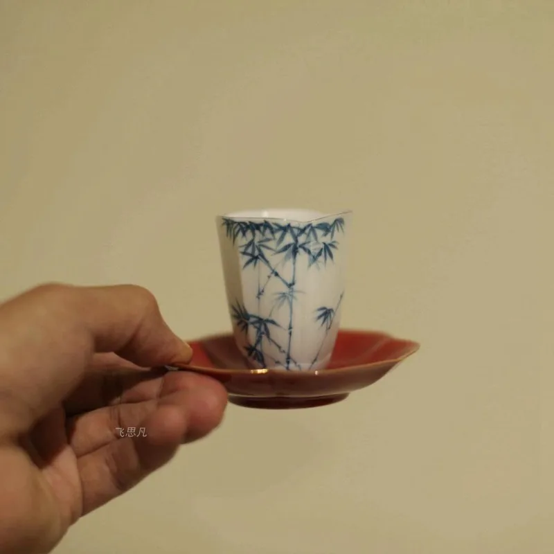 Tea Cup Hand-Painted High-Body Bamboo and Lotus Scented Guest Cup with Coaster Underglaze Color Ceramic Tea Set Dining Utensils