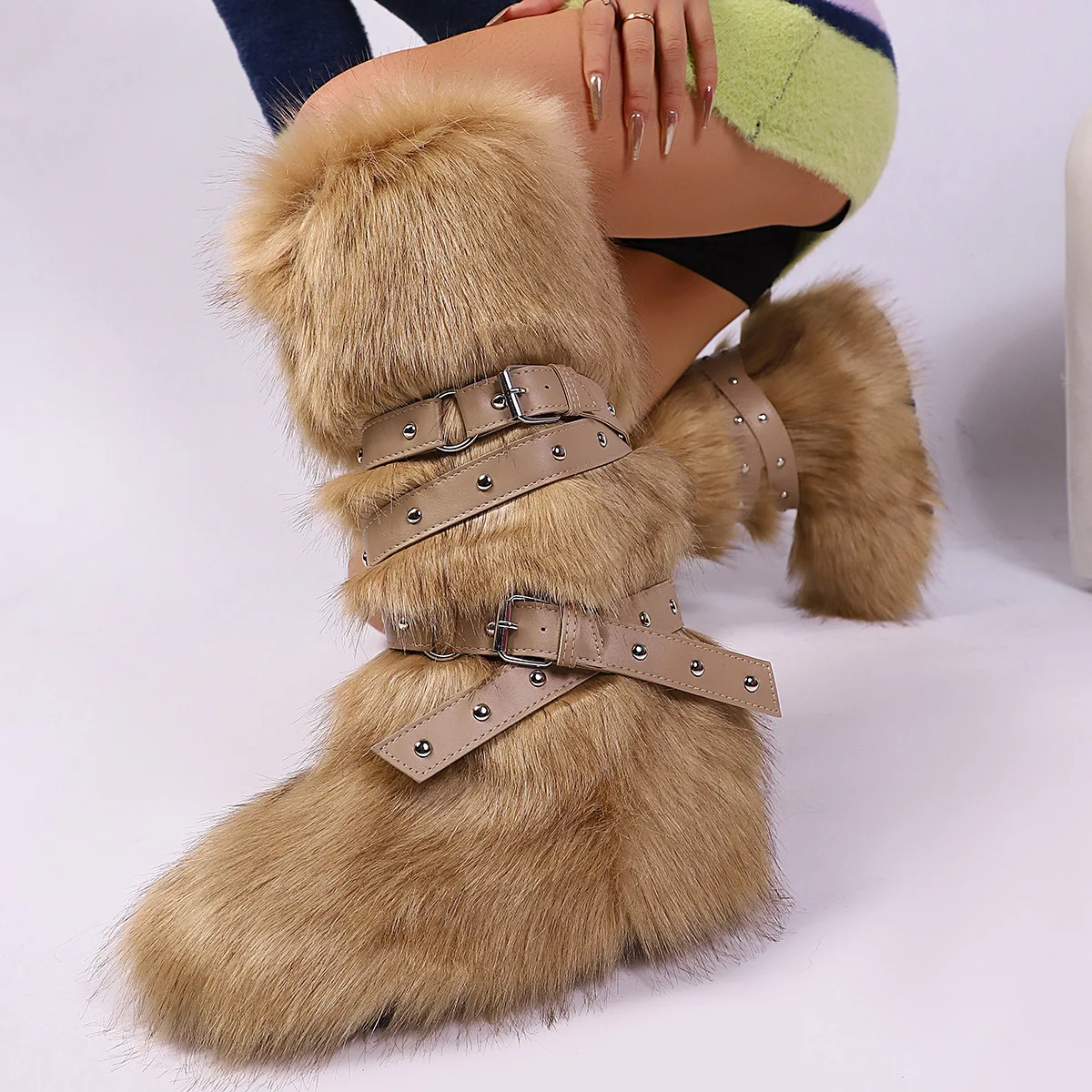 

Khaki Knee High Mongolian Fur Boots Winter For Women 2025 New Flat Heel Plus Size 46 Buckle Plush Furry Shoes