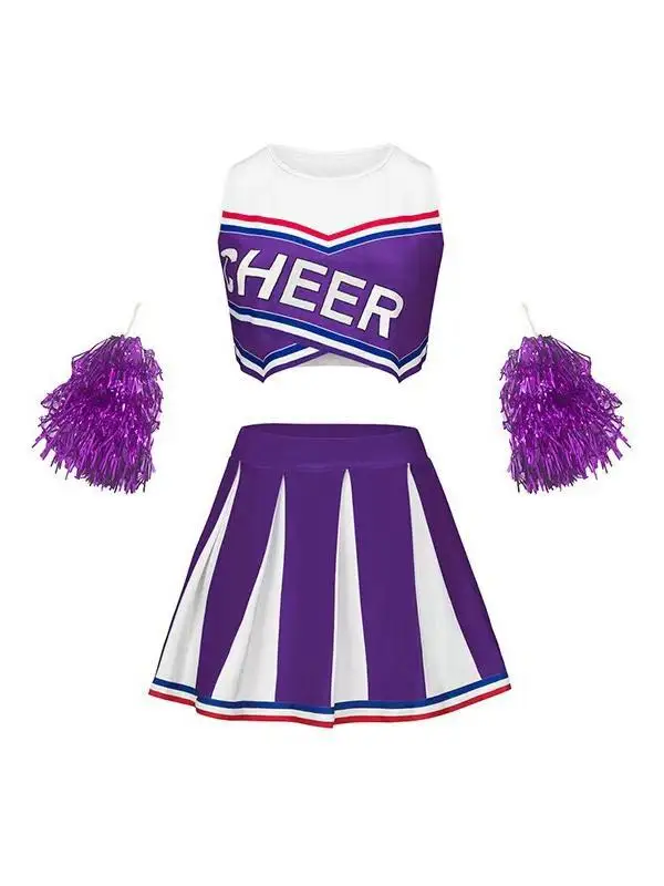 Cheerleading Uniform Sleeveless Crop Top Pleated Skirt Set Free Bonus Lace Flowers & Socks For Sports Competition Halloween view 5