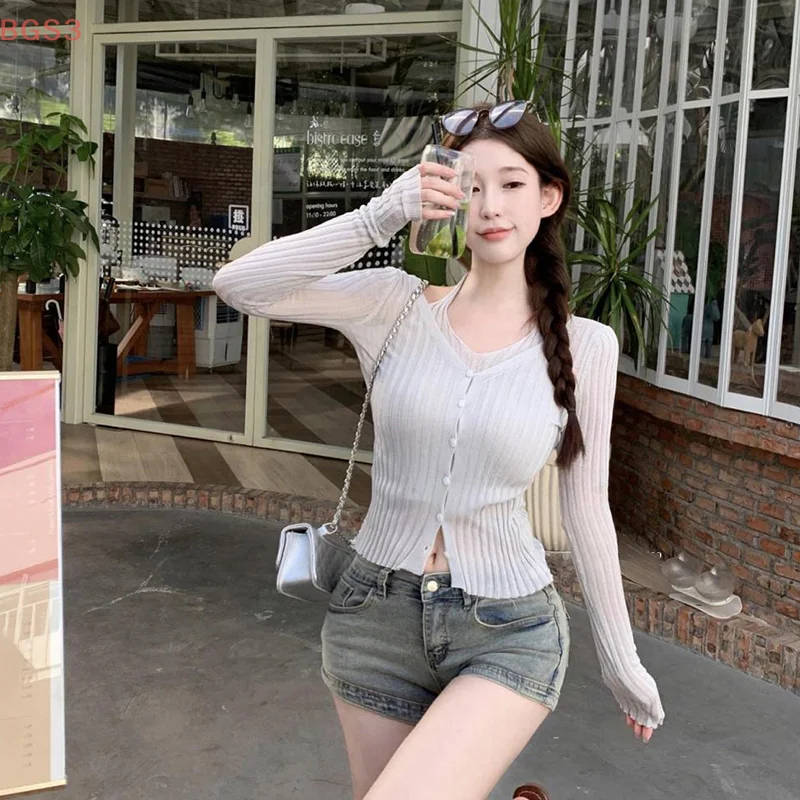 Czysta, seksowna i stylowa bluzka z długim rękawem, dzianinowa, podkreślająca figurę, z temperamentem, idealna na lato, pasująca do wszystkiego.