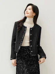 SENTUBILA Sequins Jacket for Women Wool Chic Texture Cropped Crew Neck Long Sleeve 2024 New Winter Jackets & Coat 144W57510