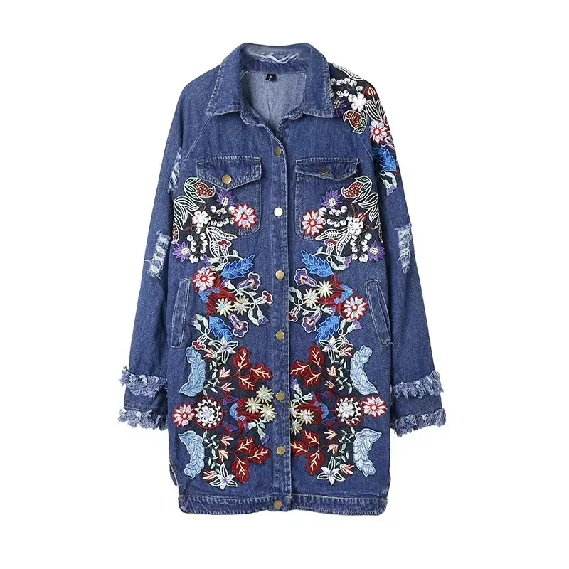 Autumn Mid-length Heavy Industry Embroidery Hole Denim Jacket Women Loose Harajuku Single-breasted Jeans Jacket 2026 Fashion New
