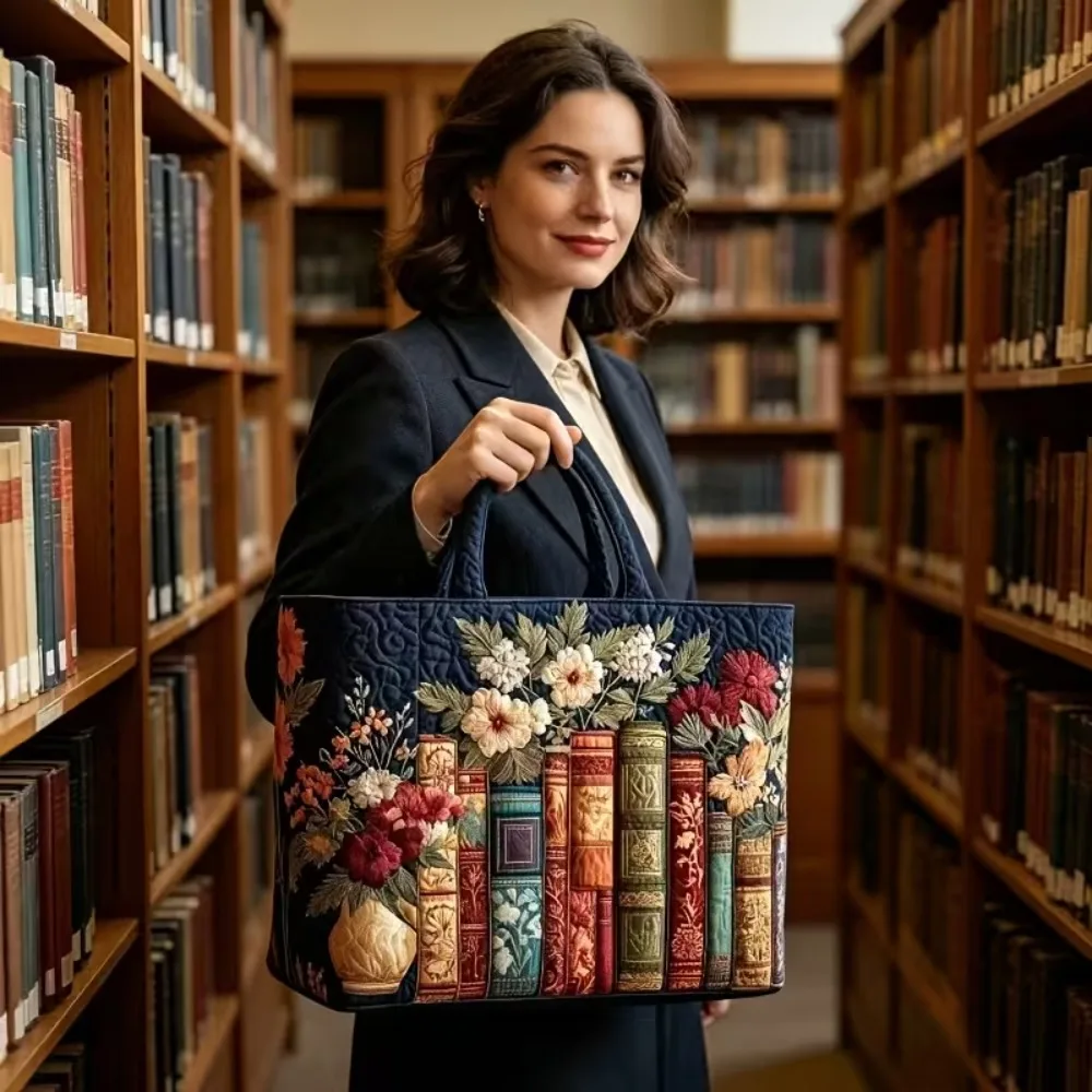 3D Printed Bookish Floral Tote Bag, Vintage Folk Art Shoulder Bag, Large Shopping Handbag Gift for Reading Lovers