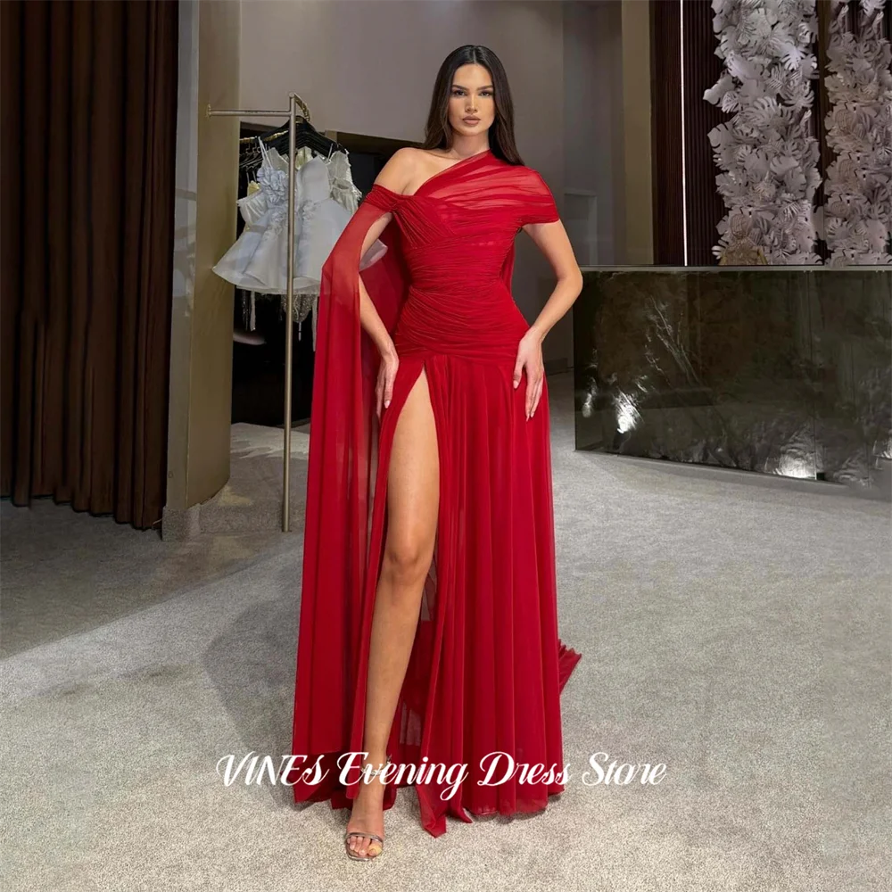 

VINES Red High Slit Prom Dresses Off Shoulder Beach Celebrity Dress Ruched Evening Dress with Cape Train 프롬 드레스 Customized