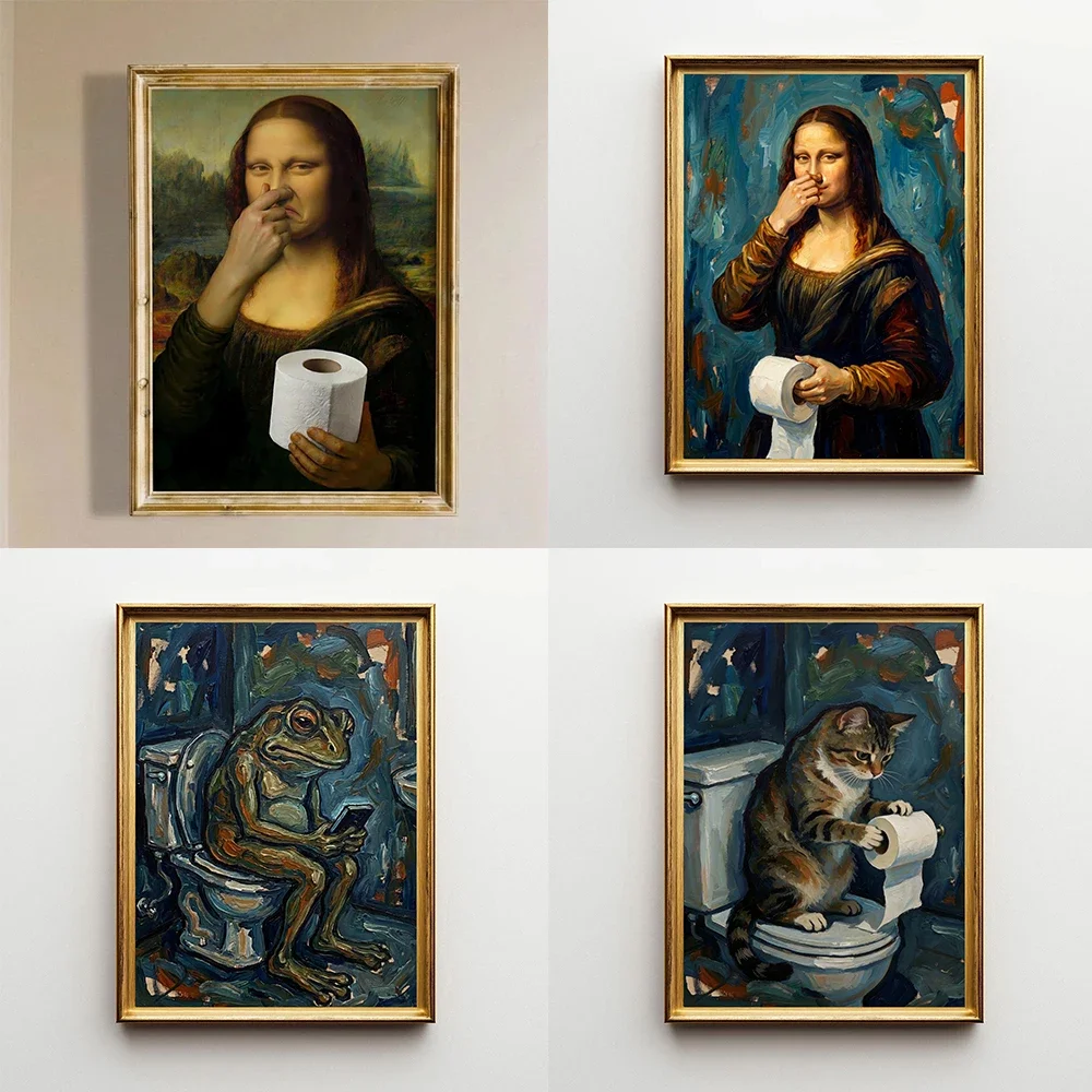 1pc frameless Canvas Painting Funny Mona Lisa Toilet Art Print Bold Oil Bathroom Humor Wall Art Prints Poster Decor Home Bathroo