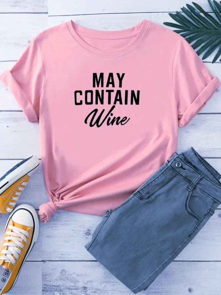 May Contain Wine Letter Print Women T Shirt Short Sleeve O Neck Loose Women Tshirt Ladies Tee Shirt Tops Clothes