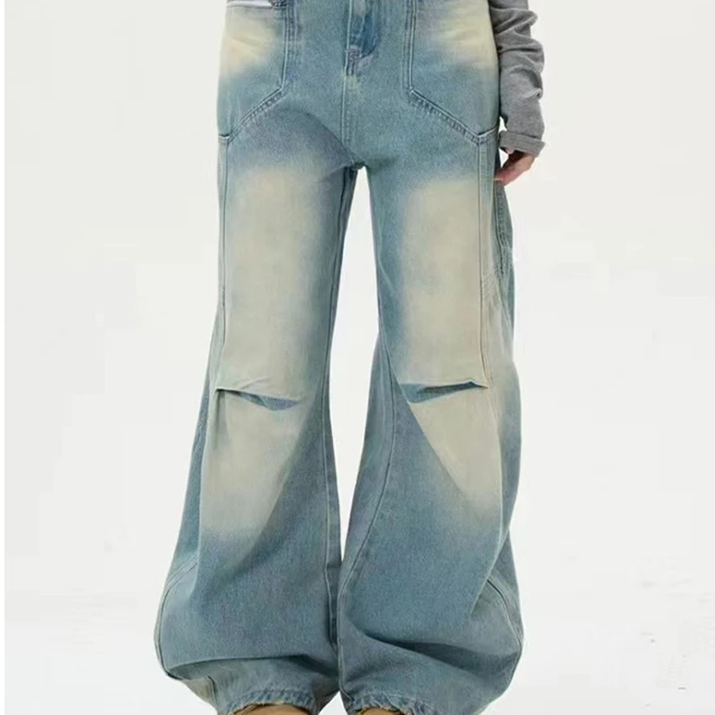 [BOMP] Wrinkle Design, Zipper Pocket, Straight Tube, Loose Fit, Washed Worn Denim Jeans, Niche Color Bell Bottom Pants