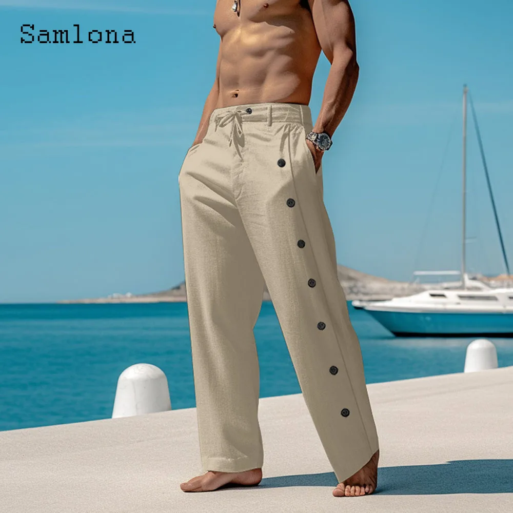 2024 Men Elegant Triple Buttons Cotton Linen Pants Solid White Full-Length Trouser Plus Size Mens Casual Drawstring Sweatpants