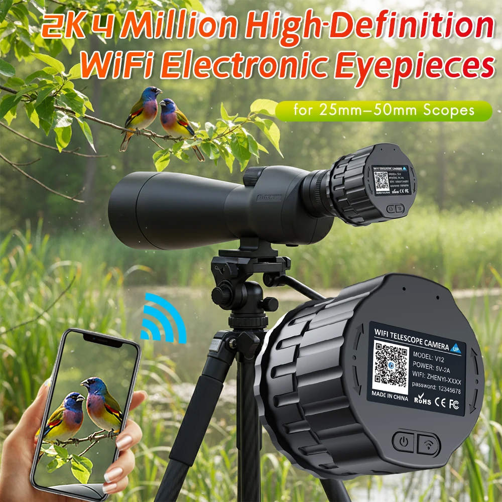 

Электронные окуляры WiFi 2K 4 Мп с высоким разрешением для телескопов 25-50 мм, электронный окуляр WiFi для телескопа для наблюдения за птицами