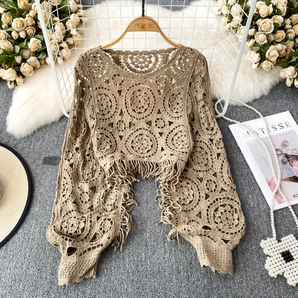 Bohimian Sweater Women O-neck Lantern Sleeve Tassel Female Causal Crochet Tops Ladies Knitted Hollow Out Sweaters Dropshipping