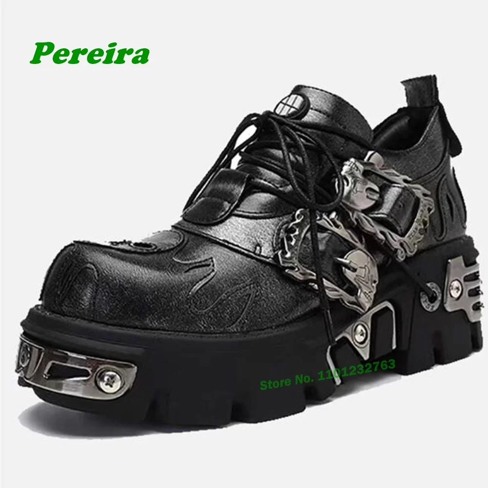 Retro Metal Punk Pumps Buckle Height Increasing Women's Men's Shoes Lace Up Black Solid Elegant Spicy Girls Patchwork Lovers