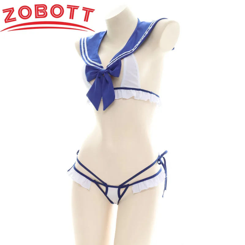 Hot Toys Anime Japanese Cosplay Bow Blue Sailor Suit Bikin Swimsuit School Student Swimwear Uniform Temptation Lingerie