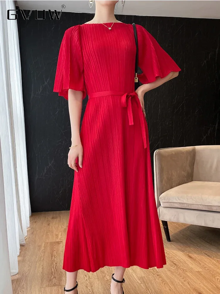 

GVUW Pleated Half Flare Sleeve Dress Women Round Collar Belt A Line Belt New Summer Loose Solid Color 2024 Elegant Lady 17G5870