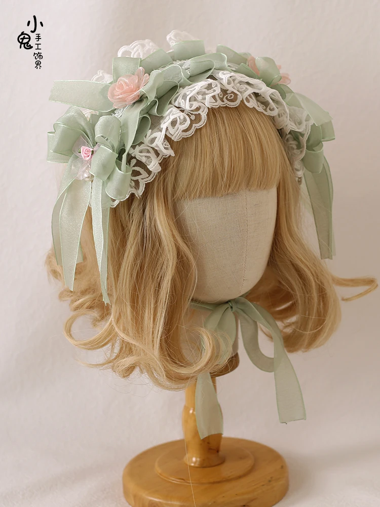 Ribbon Bow Hairband with Hairpins Girls Lolita Lace Ruffled Headband Sweet Embroidery Anime Maid Cosplay Headdress