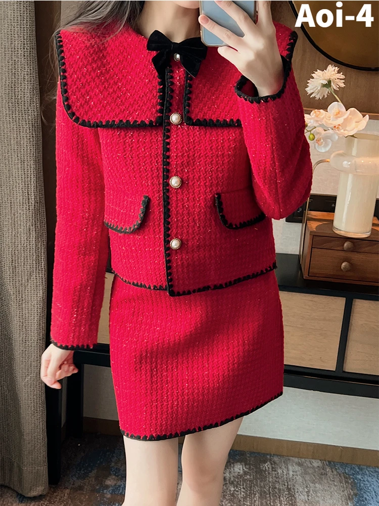 Fashion Elegant Red Cotton Suit Women 23 Autumn Winter Doll Collar Bow Single-Breasted Stitching Coat+A-Line Skirt Two-Piece Set