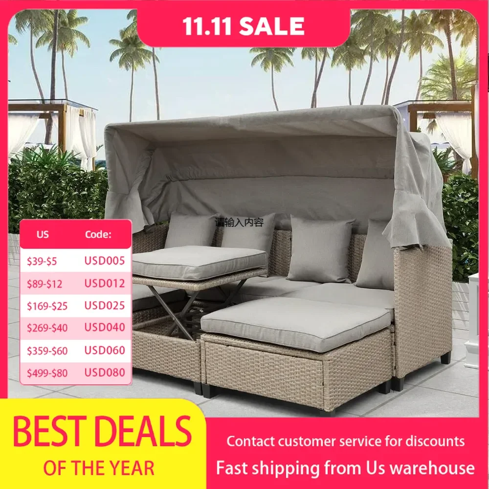 4-piece outdoor patio furniture set with retractable awning, cushions and height-adjustable table segmented upholstered sofa set