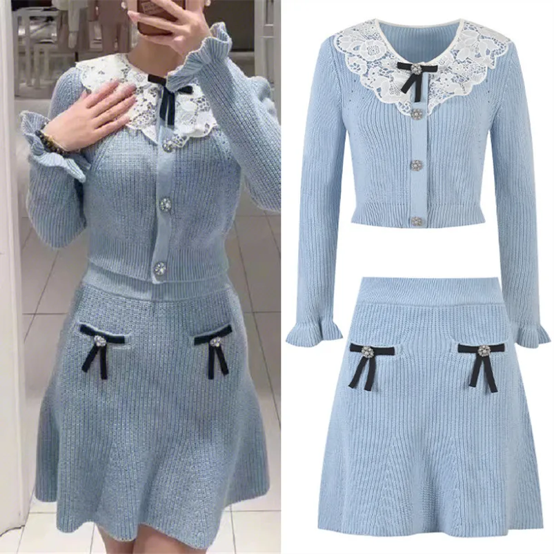 

Высококачественная версия Briti Sle ort, вязаный топ и юбка, комплект с воротником для куклы, синий, простой ансамбль Faion для девочек