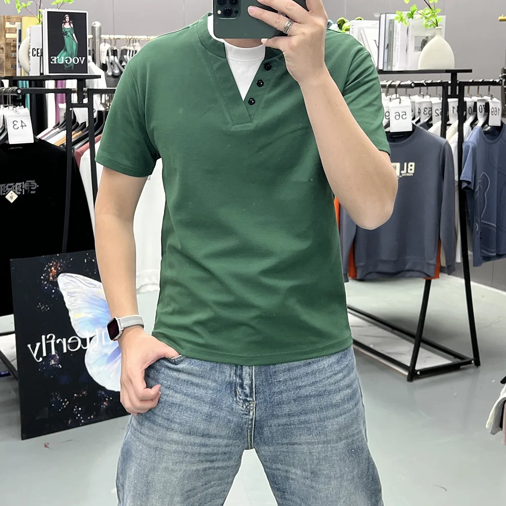 

Летняя мужская футболка с коротким рукавом, имитация двухслойности, круглый вырез, повседневная, приталенная, для деловых встреч, мужская одежда 2025