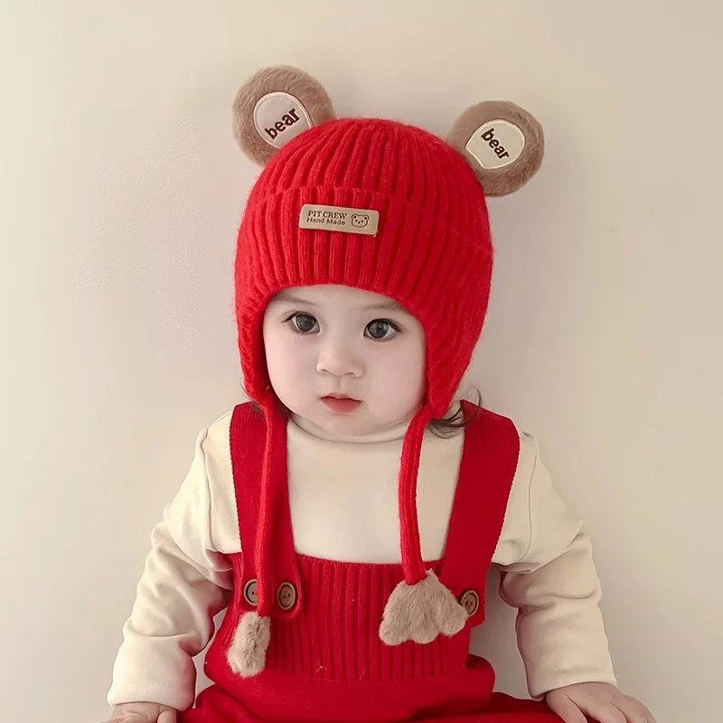 

MINISO детские наушники с милым медвежьим узором, теплая зимняя шапка, вязаная шапка с хлопковой подкладкой, детская зимняя шапка для мальчиков и девочек