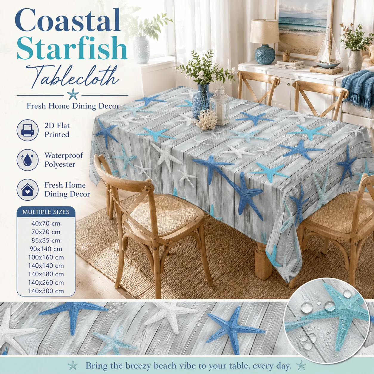 

Ocean Starfish Wooden Board Tablecloth 2D Flat Printed Waterproof Polyester Table Cover For Beach Picnic Home Kitchen Decor